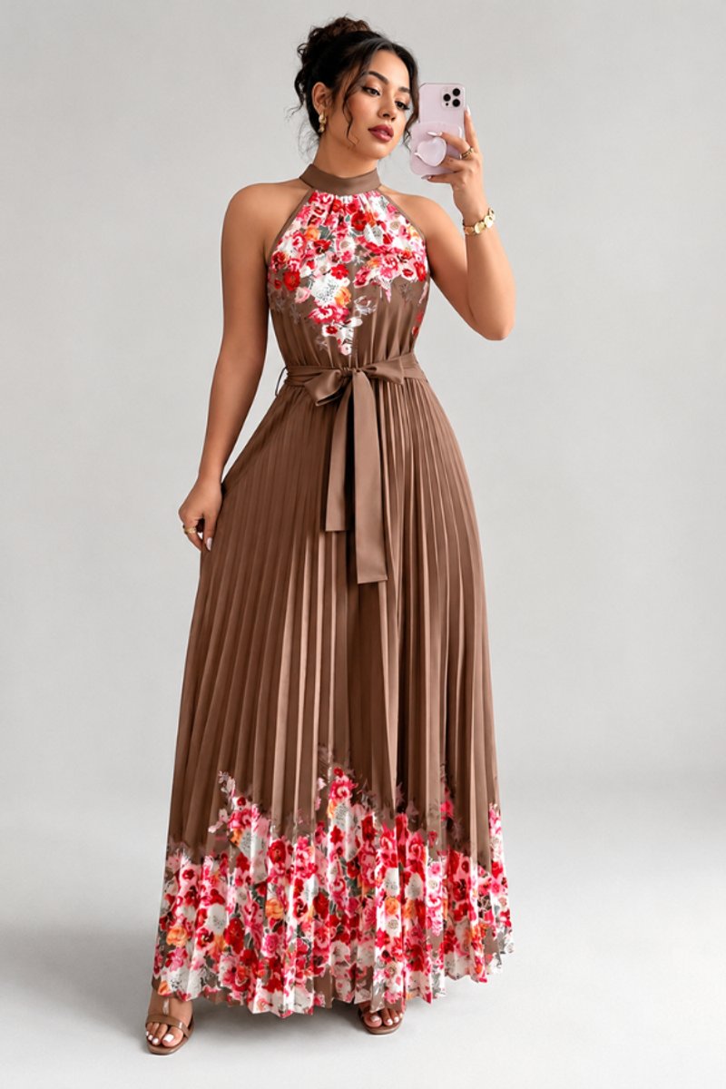 Robe plissée à fleurs, marron