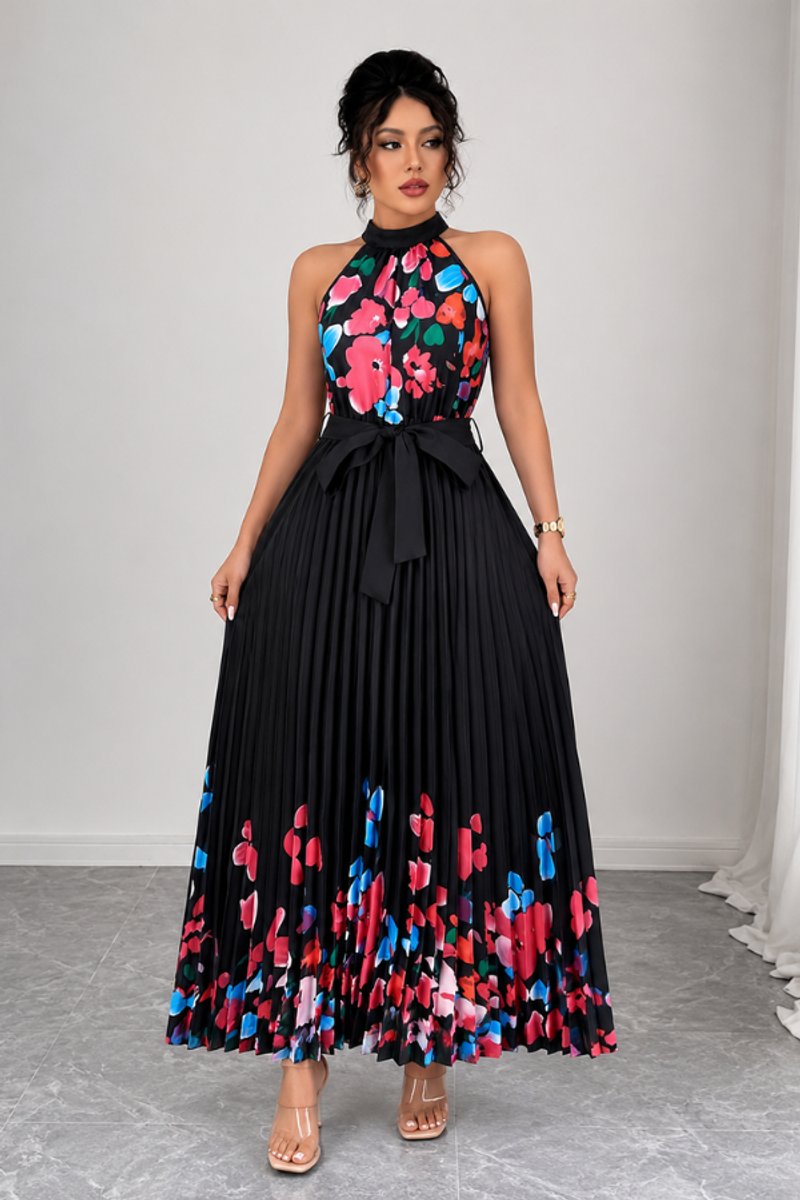 Robe plissée à fleurs, noir