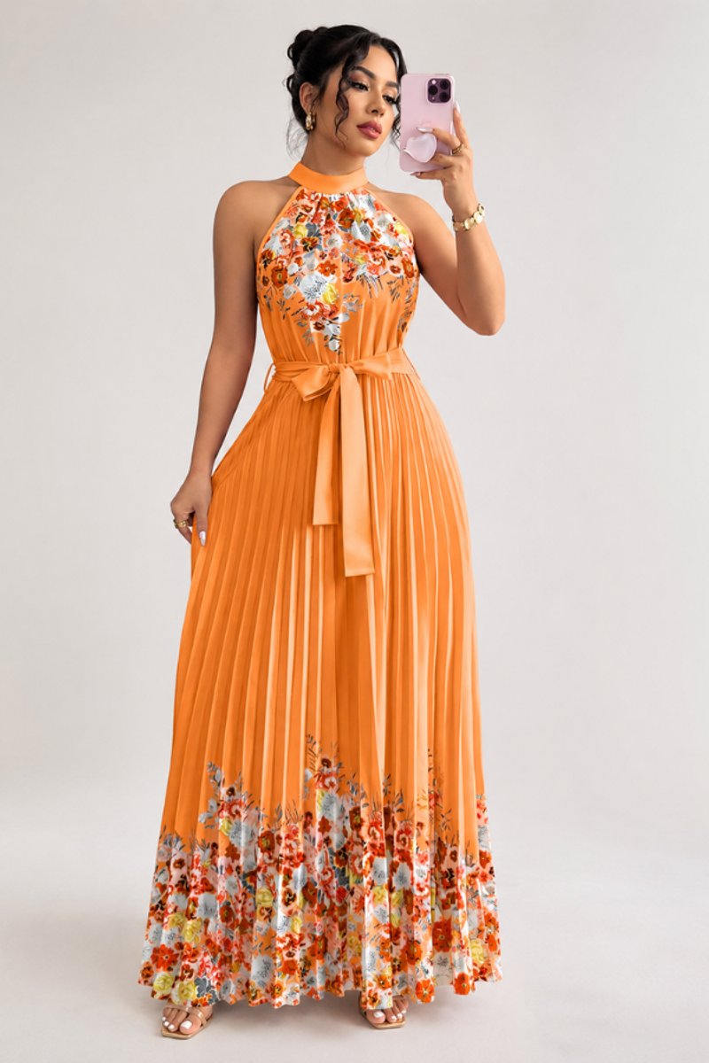 Robe plissée à fleurs, orange