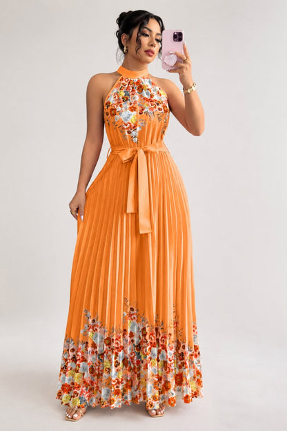 Robe plissée à fleurs, orange