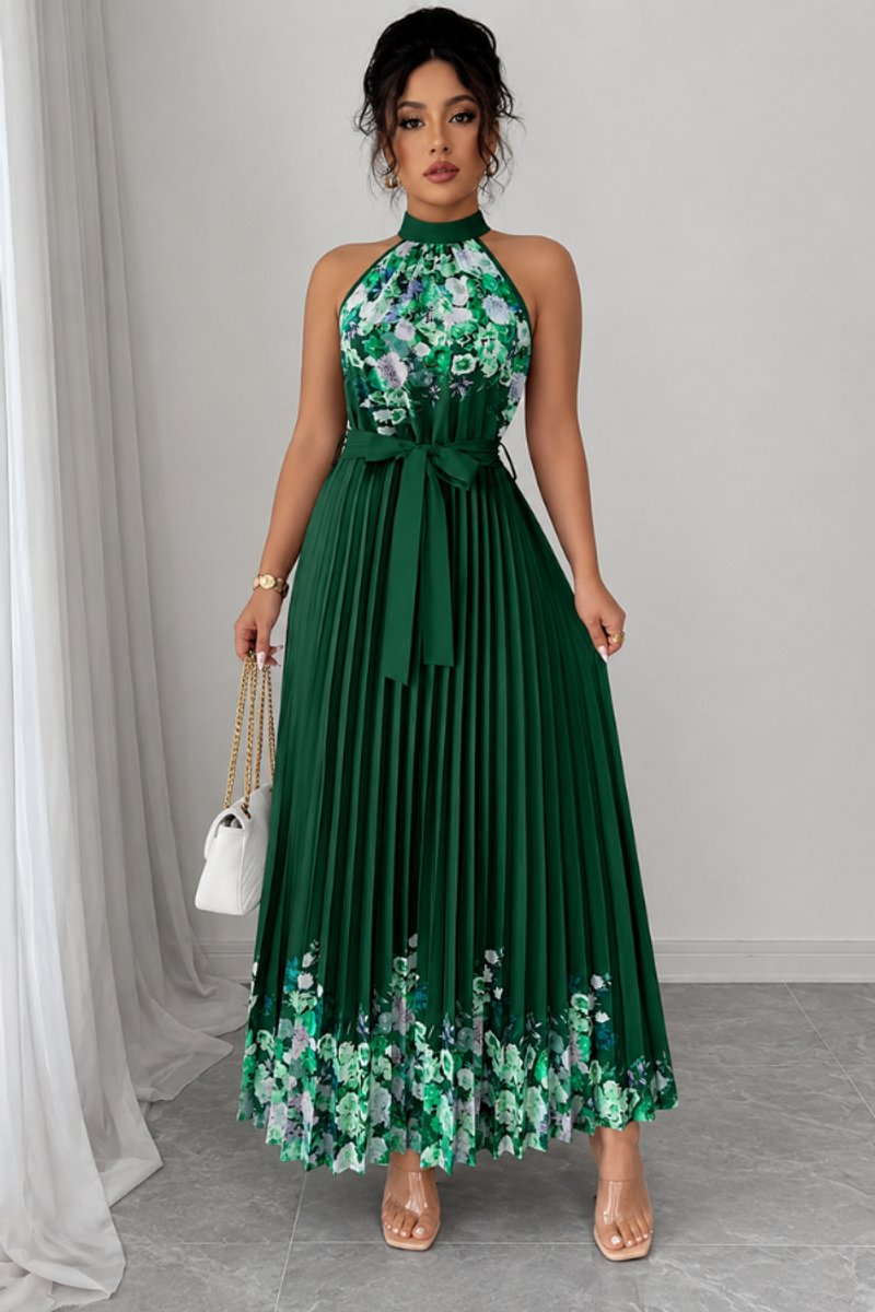 Robe plissée à fleurs, vert foncé