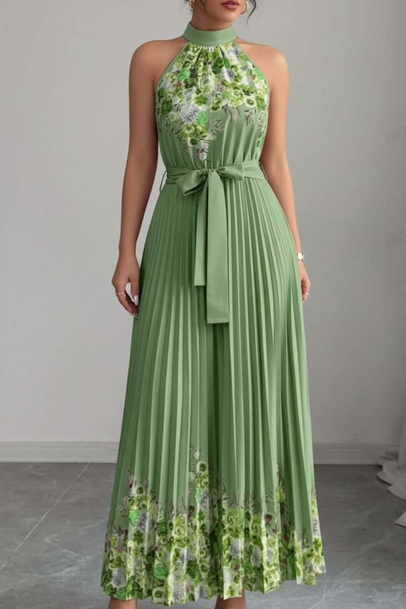 Robe plissée à fleurs, vert sauge
