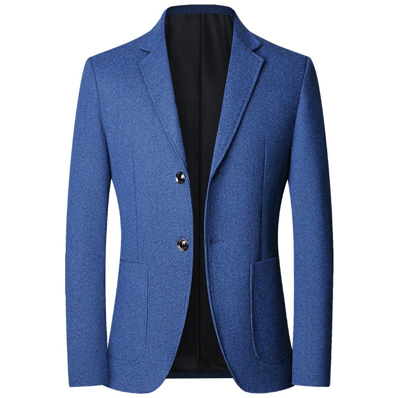 Blazer bleu roi à deux boutons, tissu texturé et poches plaquées, vue de face