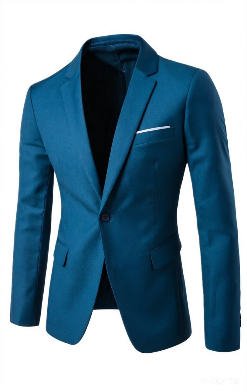 Veste de costume coupe ajustée bleu canard, boutonnage simple et pochette blanche, vue de face