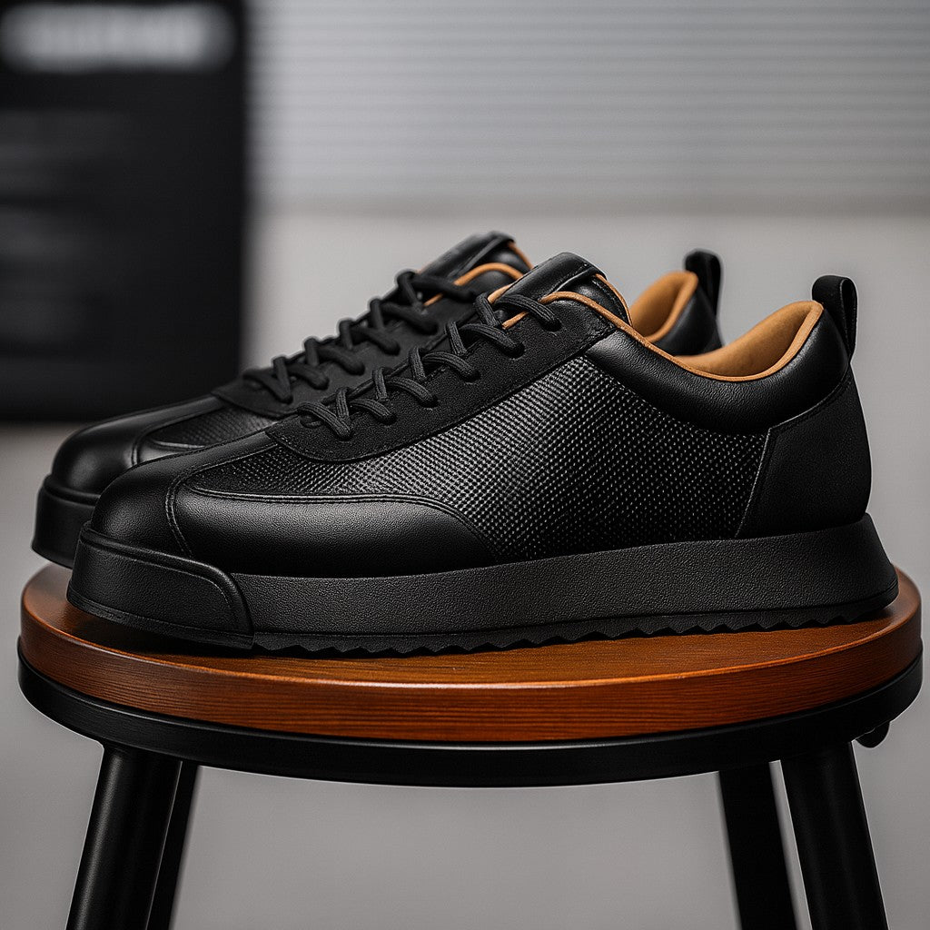 Paire de sneakers en cuir noir sur un tabouret en bois, doublure fauve visible