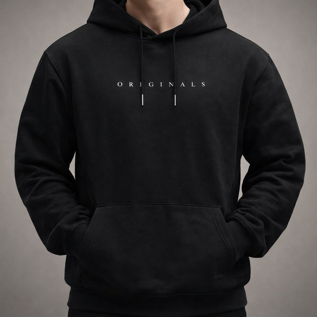 Homme en sweat à capuche noir, mains glissées dans la poche kangourou