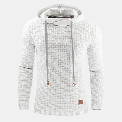 Sweat à capuche blanc à motif texturé et cordons gris, vue de face