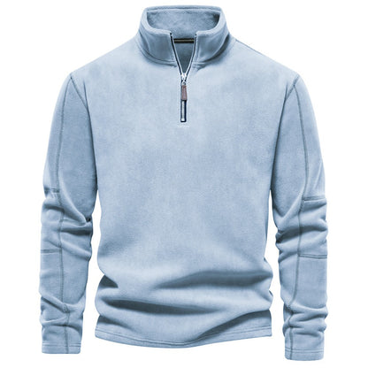 Sweat à col montant bleu clair, coutures surpiquées, vue de face