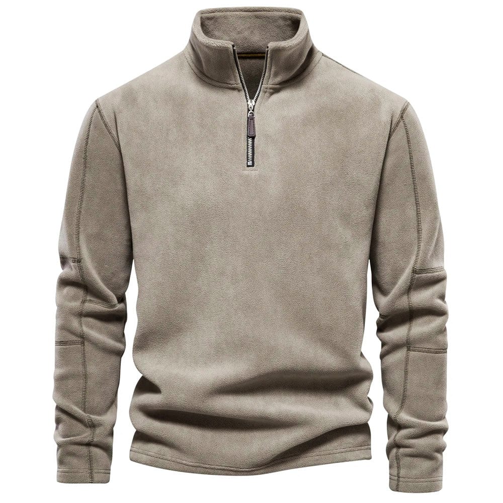 Sweat à col montant beige, coutures surpiquées, vue de face