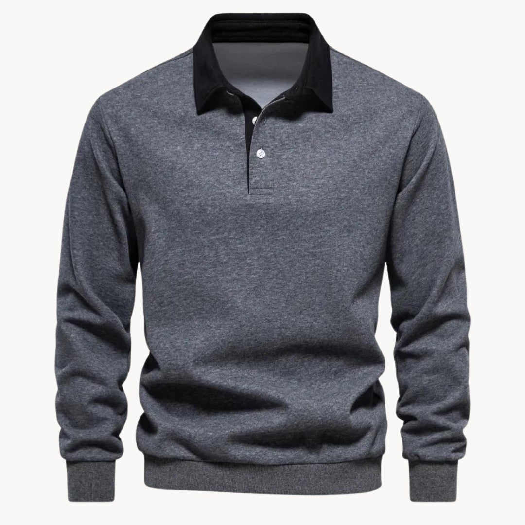 Sweat col polo homme gris chiné à col noir, vue de face