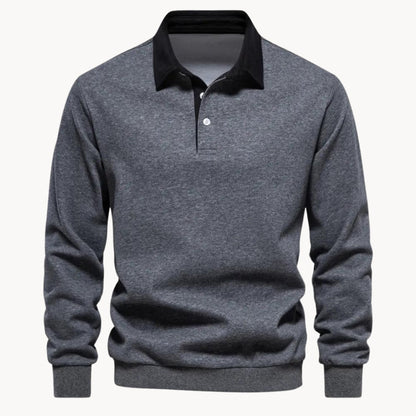 Sweat col polo homme gris chiné à col noir, vue de face
