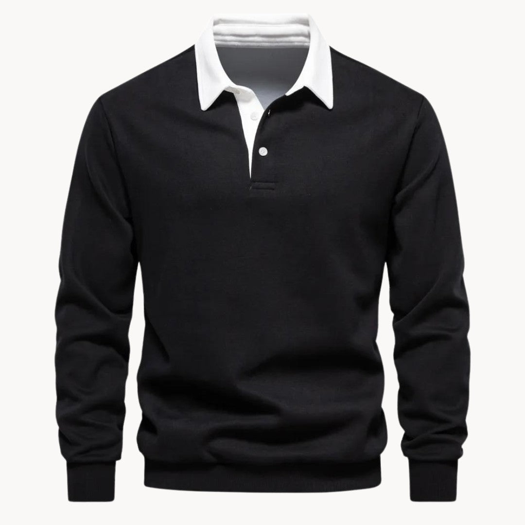 Sweat col polo homme noir à col blanc, vue de face