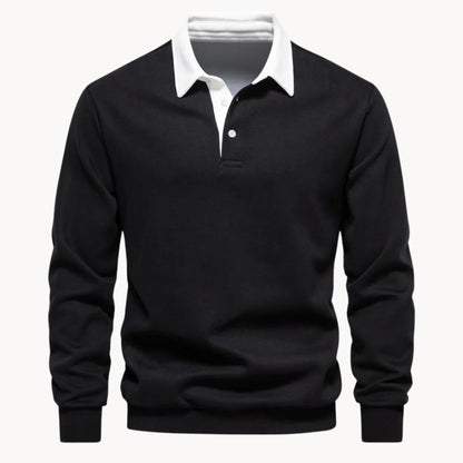 Sweat col polo homme noir à col blanc, vue de face