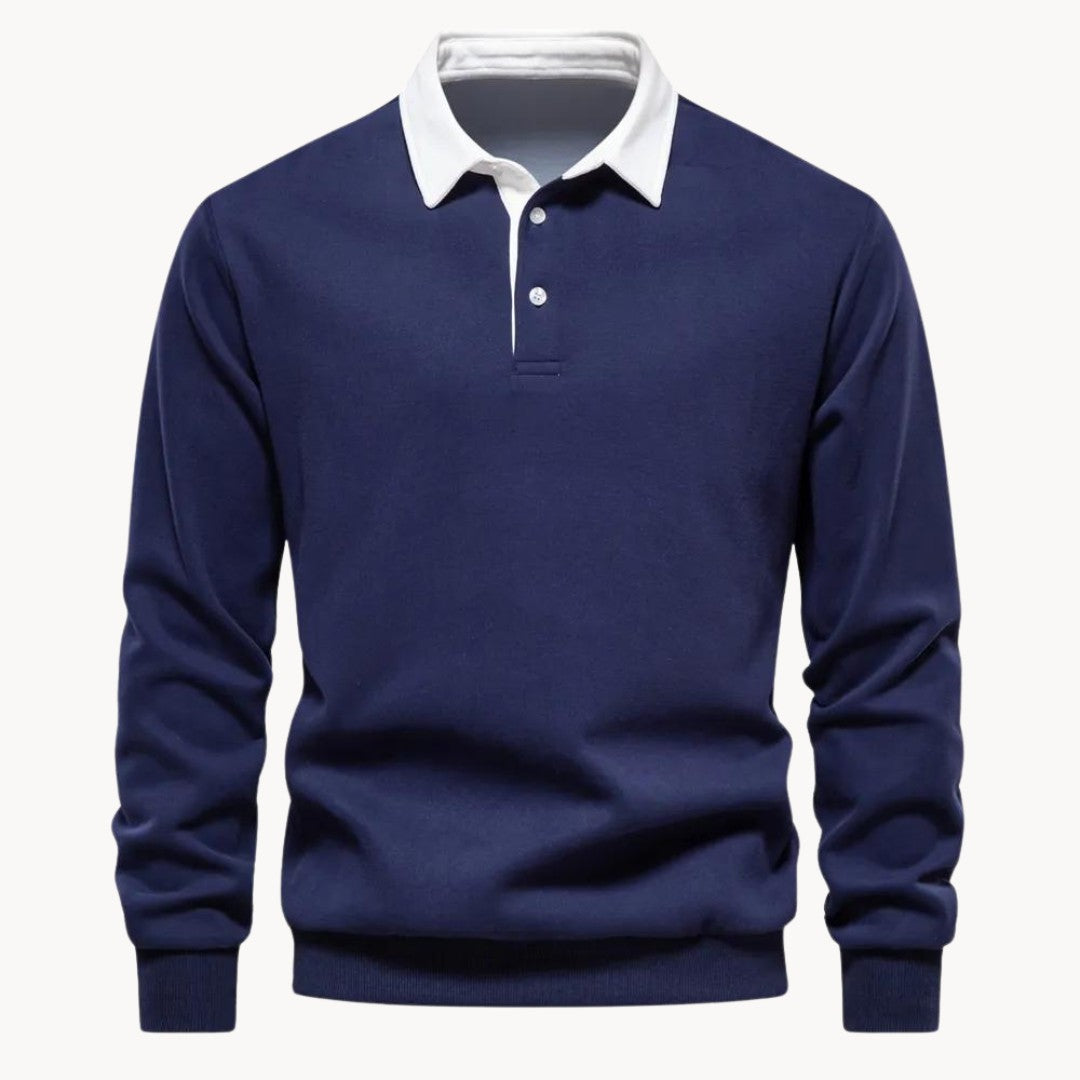 Sweat col polo homme bleu marine à col blanc, vue de face