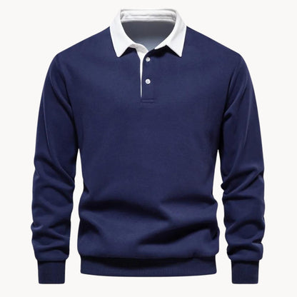 Sweat col polo homme bleu marine à col blanc, vue de face