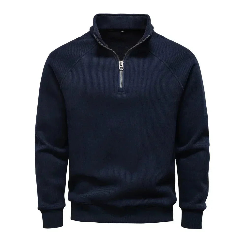 Sweat demi-zip raglan, coloris bleu marine, présenté à plat