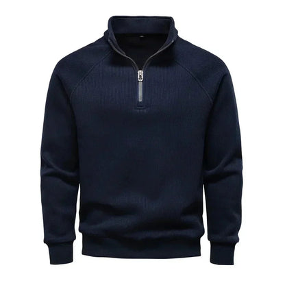 Sweat demi-zip raglan, coloris bleu marine, présenté à plat