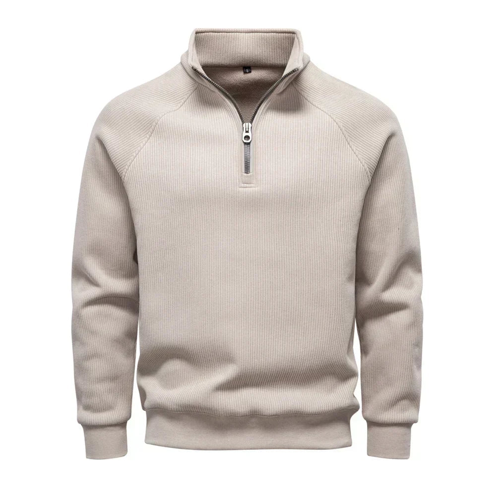 Sweat demi-zip raglan, coloris crème, présenté à plat
