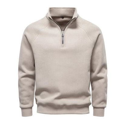 Sweat demi-zip raglan, coloris crème, présenté à plat