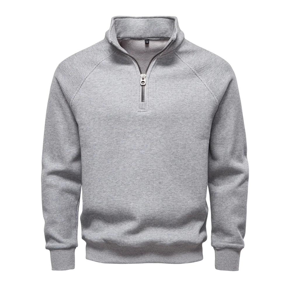Sweat demi-zip raglan, coloris gris clair, présenté à plat