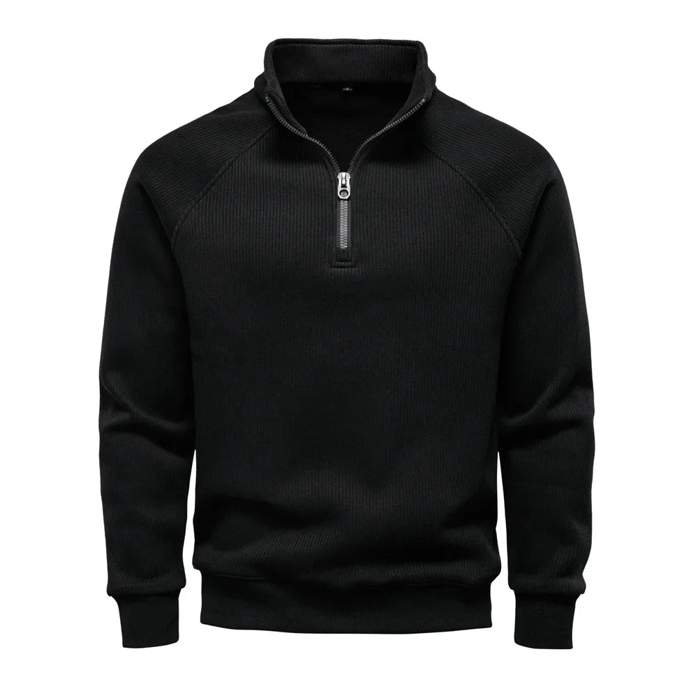 Sweat demi-zip raglan, coloris noir, présenté à plat