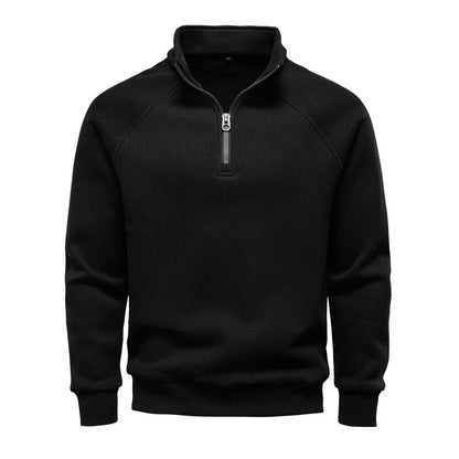Sweat demi-zip raglan, coloris noir, présenté à plat