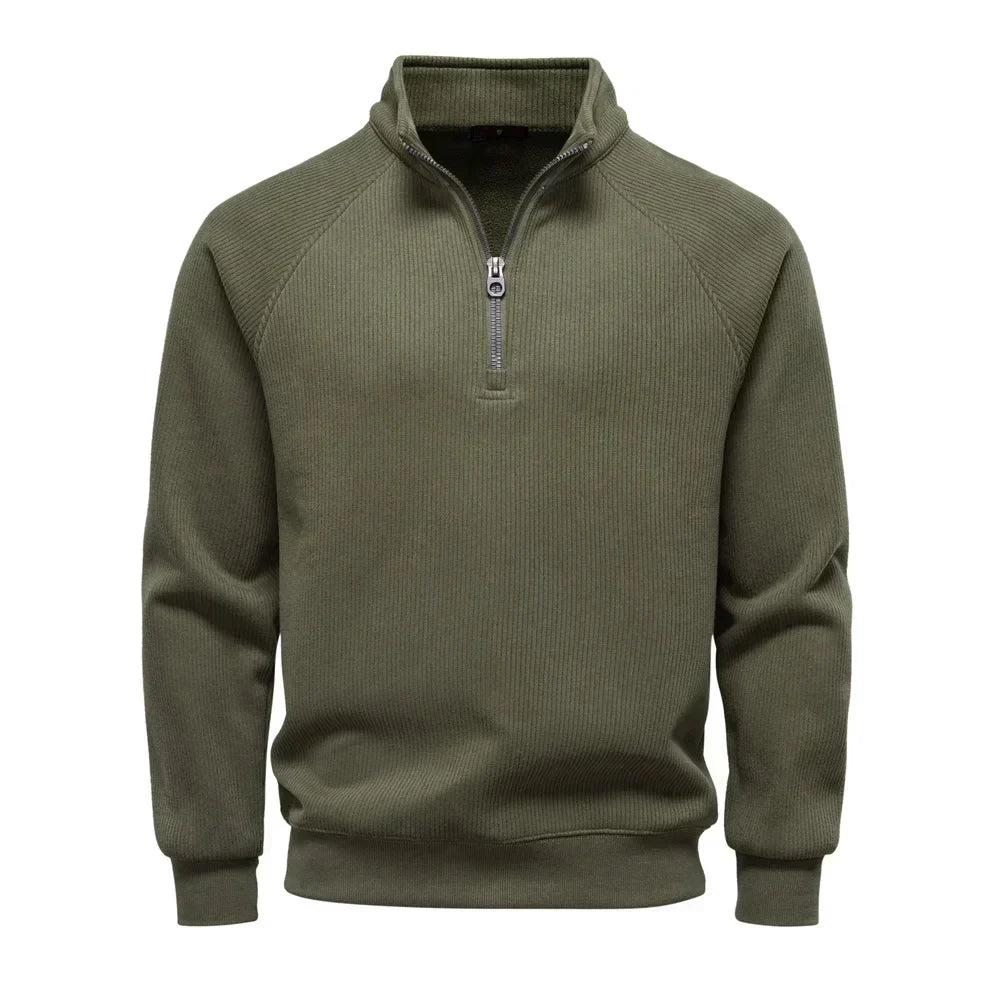 Sweat demi-zip raglan, coloris vert olive, présenté à plat