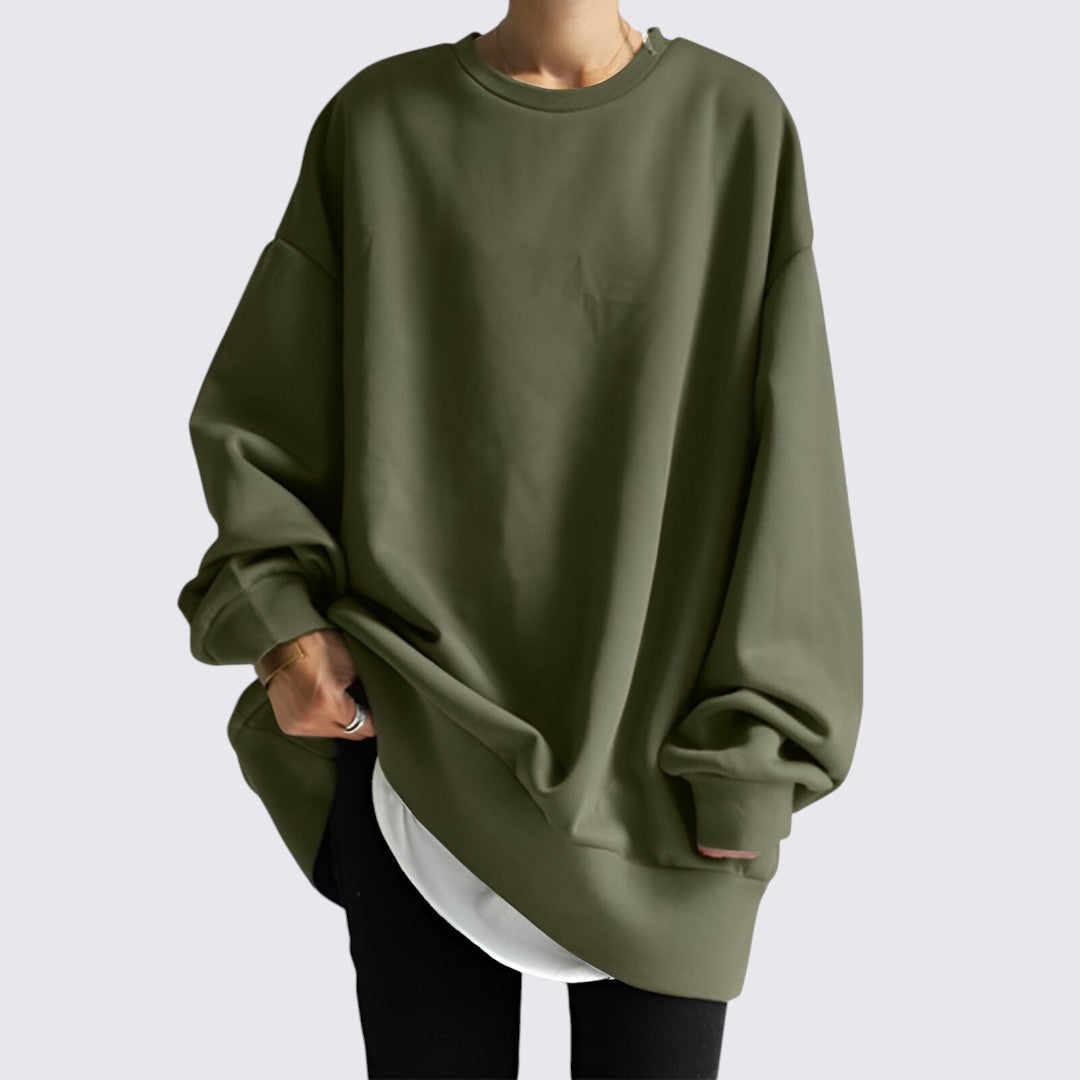 Sweat oversize à col rond, coloris vert olive, vu de face