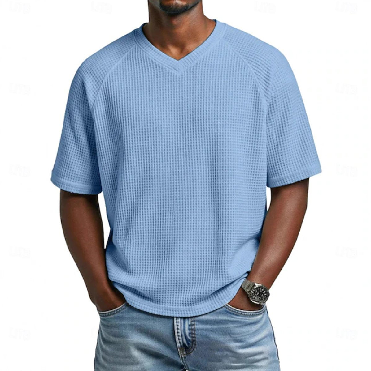 T-shirt gaufré à col en V, bleu clair