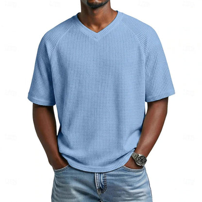 T-shirt gaufré à col en V, bleu clair