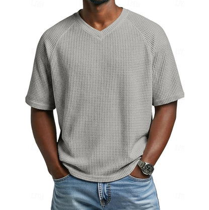 T-shirt gaufré à col en V, gris clair