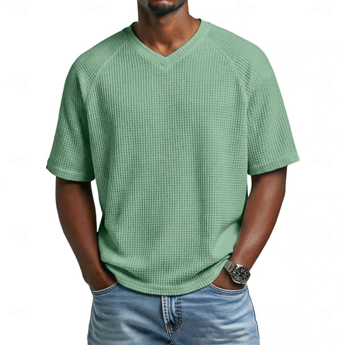 T-shirt gaufré à col en V, vert clair