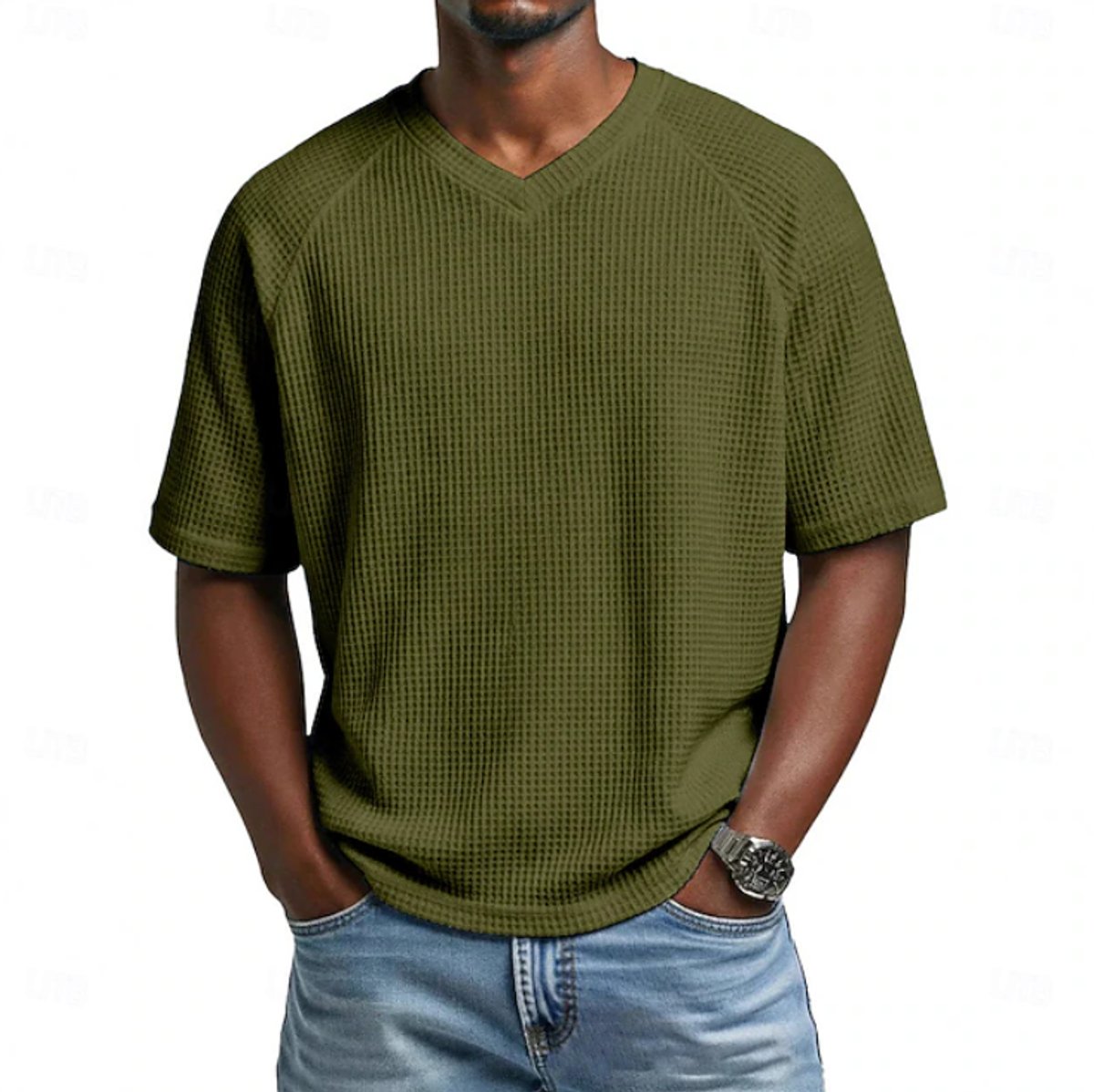T-shirt gaufré à col en V, vert olive