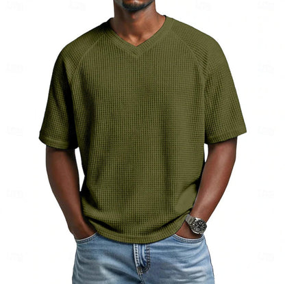 T-shirt gaufré à col en V, vert olive