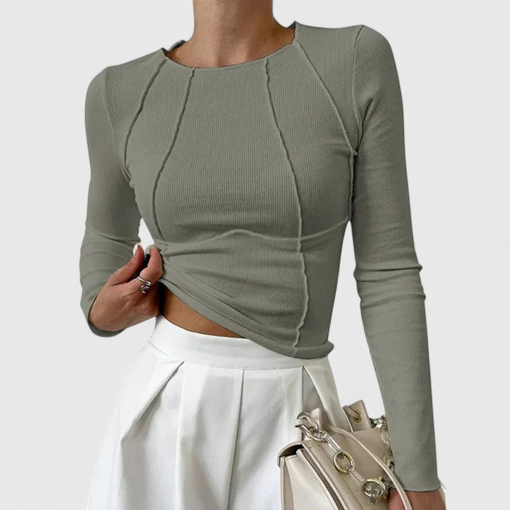 Top côtelé à coutures apparentes, coloris vert olive, vu de face