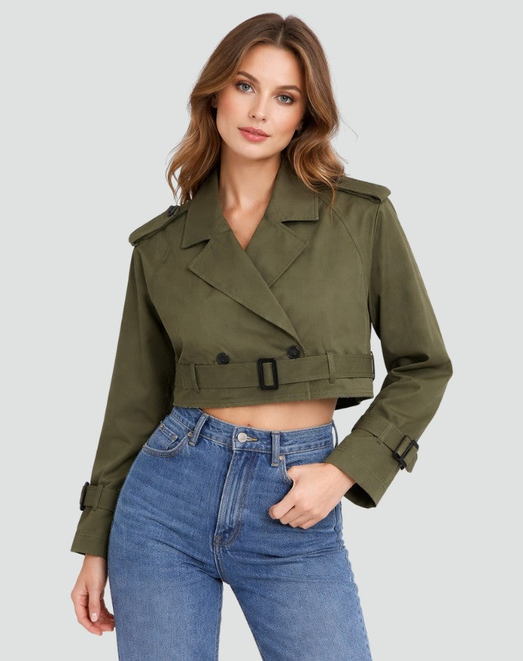 Trench court ceinturé boutonné, coloris vert olive, vue de face