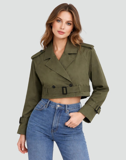 Trench court ceinturé boutonné, coloris vert olive, vue de face