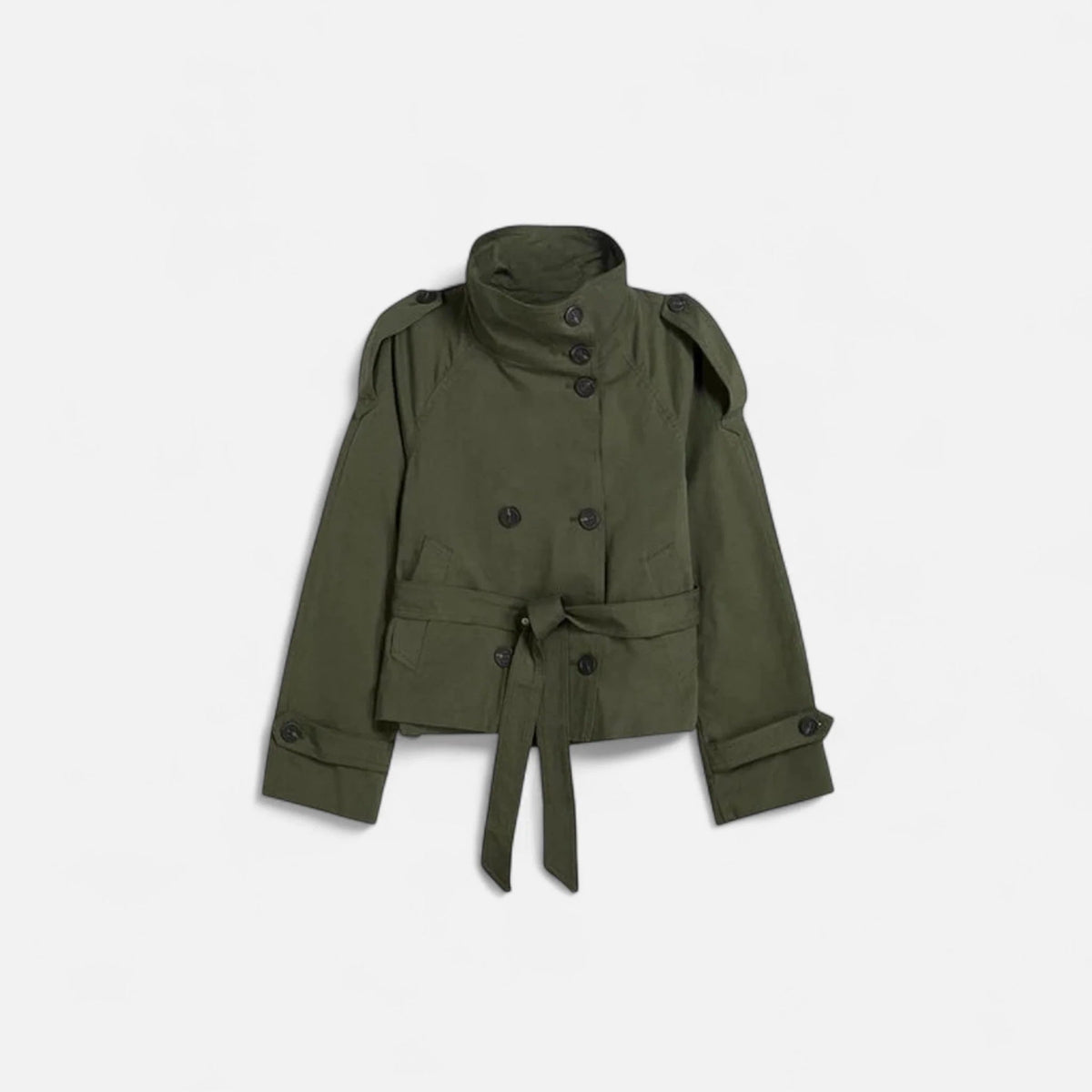 Trench court col montant, coloris vert olive, présenté à plat