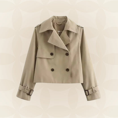 Trench cropped revers large, coloris beige, présenté à plat