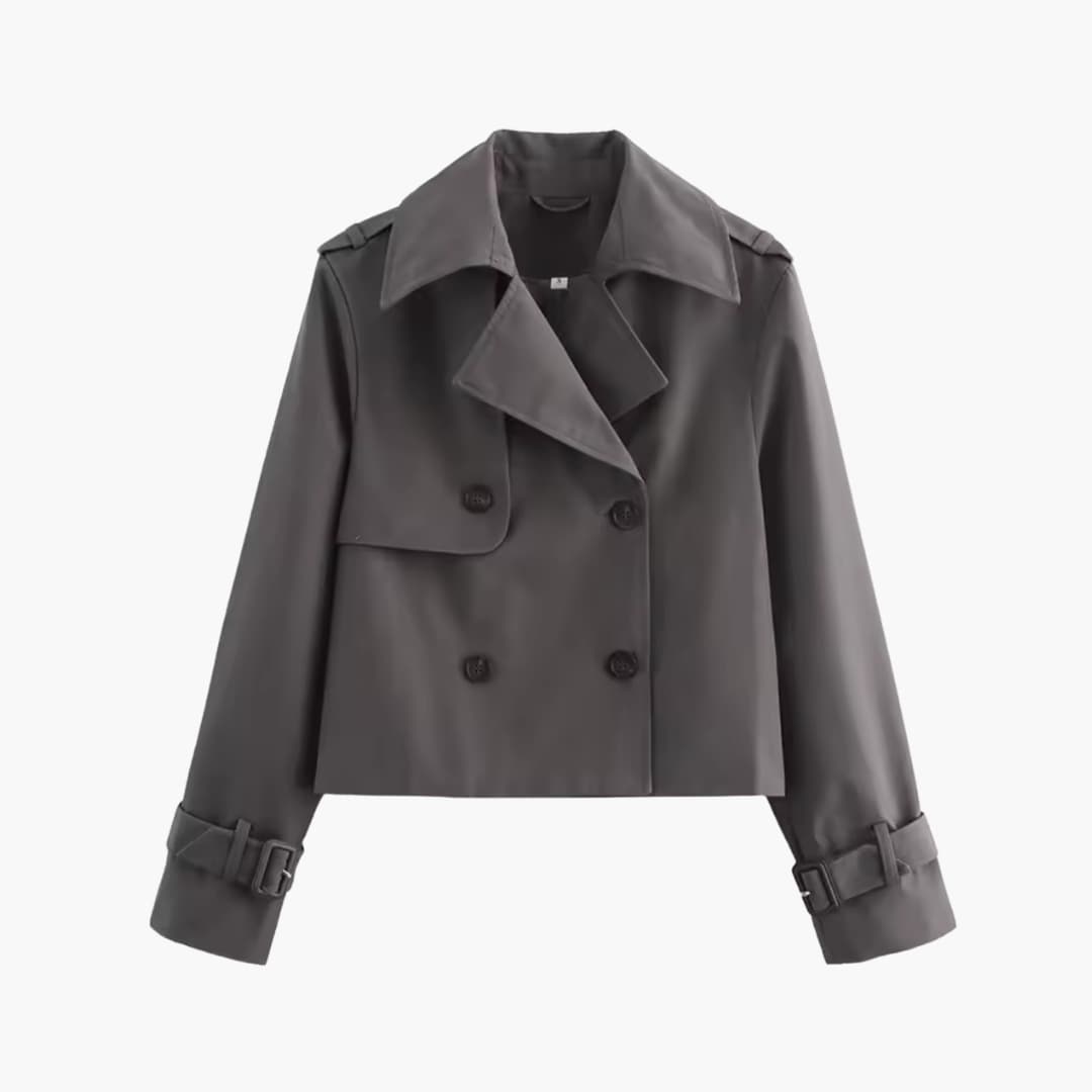 Trench cropped revers large, coloris gris foncé, présenté à plat