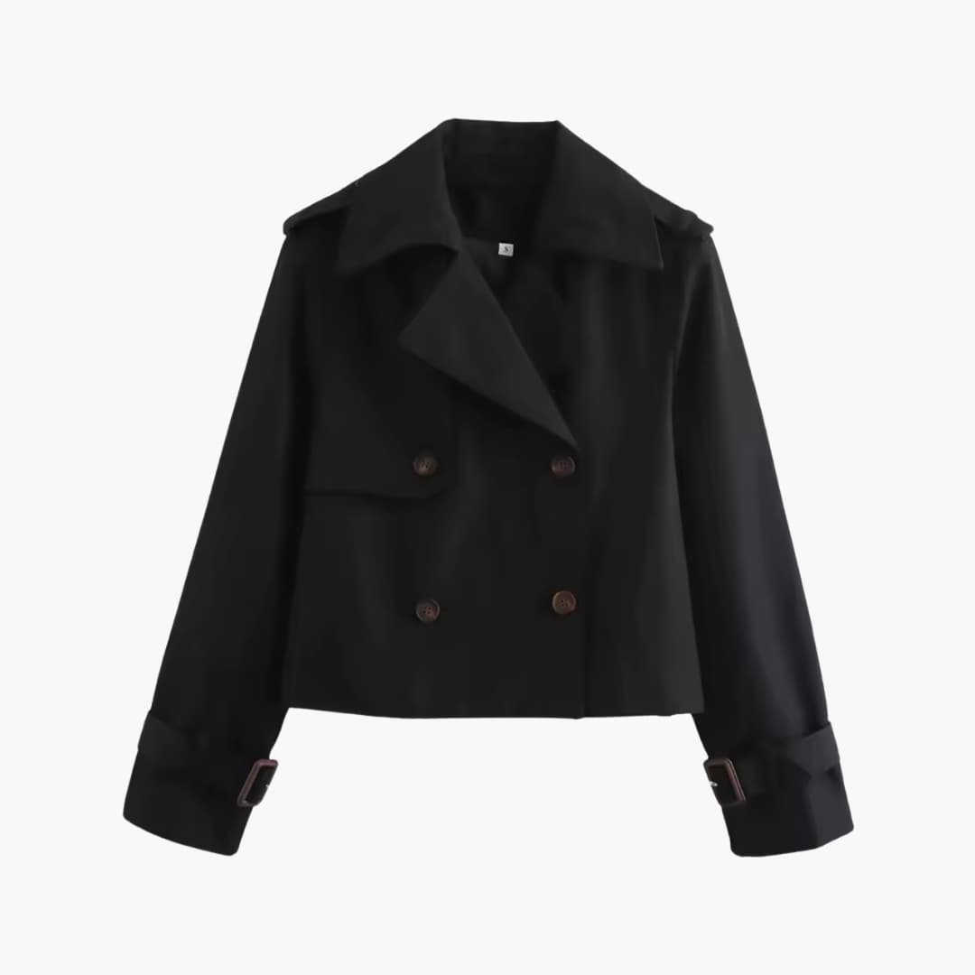 Trench cropped revers large, coloris noir, présenté à plat