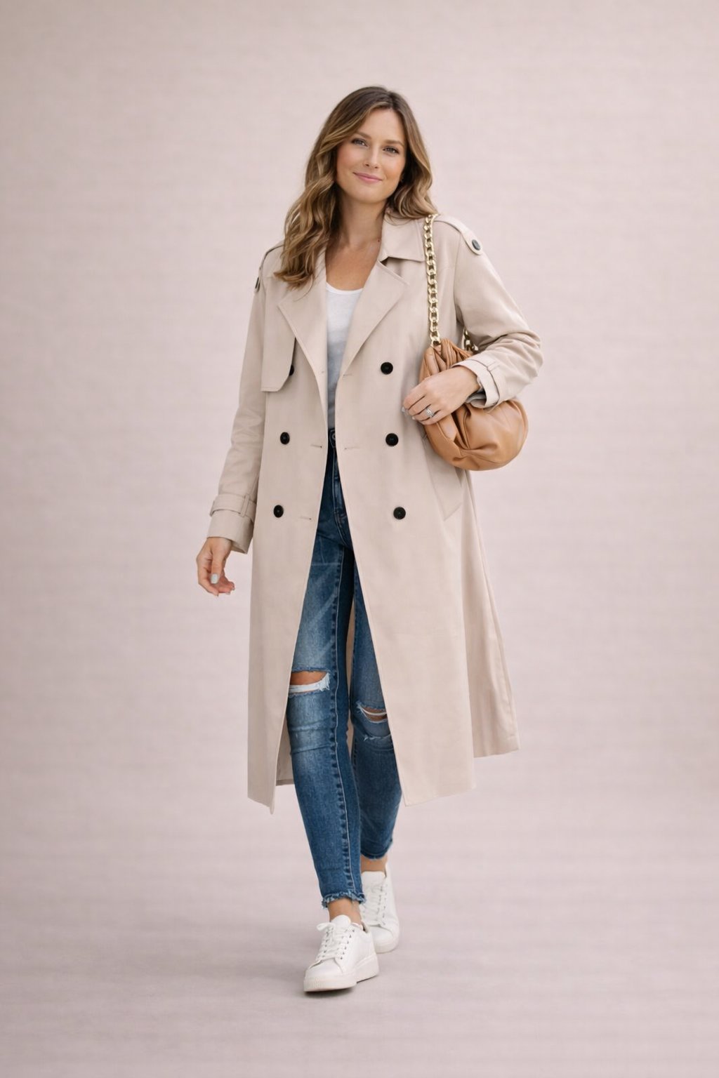 Trench long ceinturé revers, coloris crème, vue de face