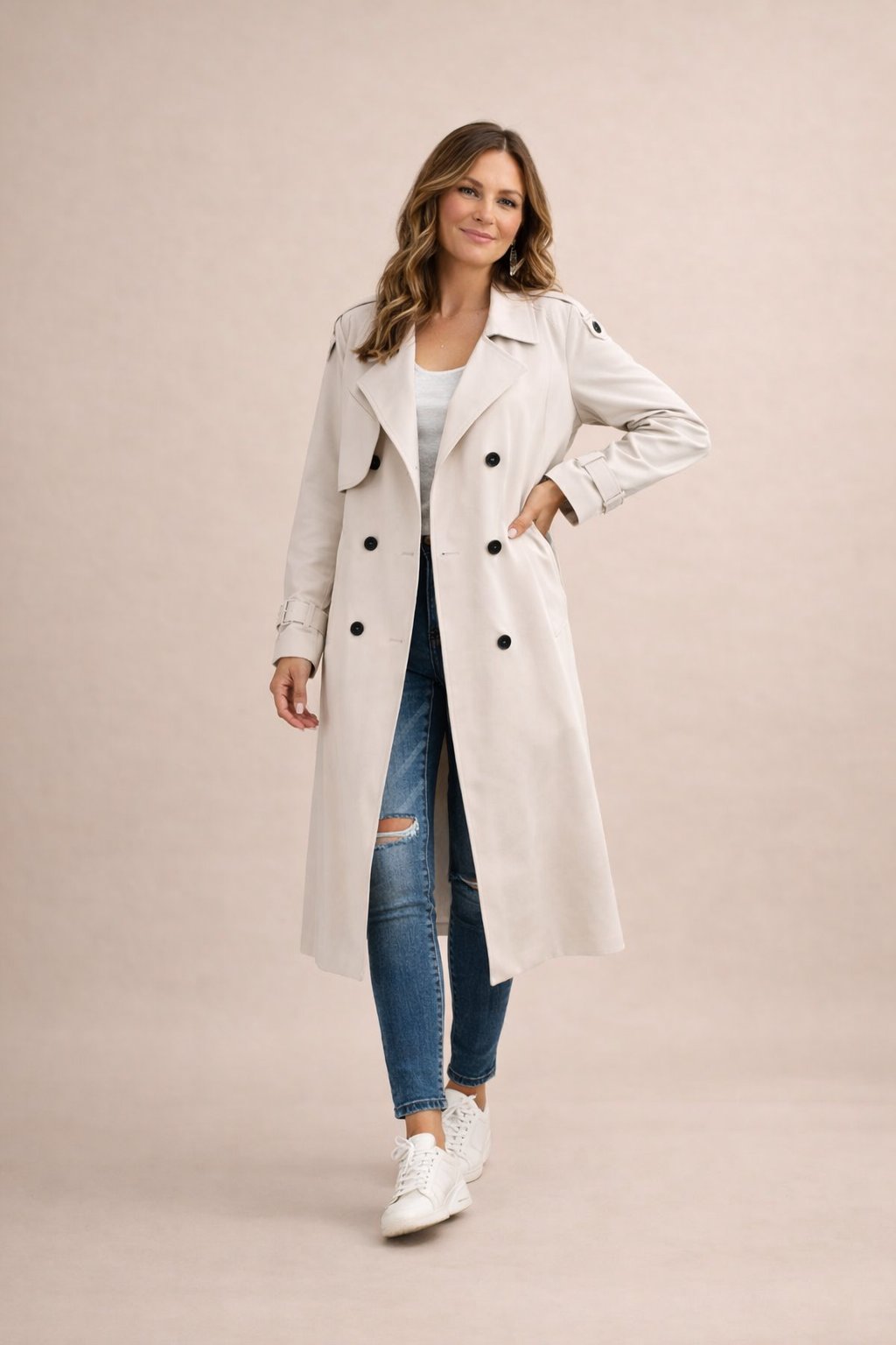 Trench long ceinturé revers, coloris crème, porté en tenue