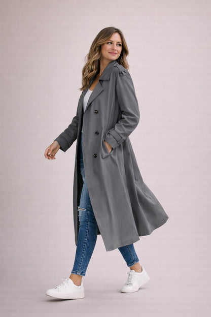 Trench long ceinturé revers, coloris gris, vue de face
