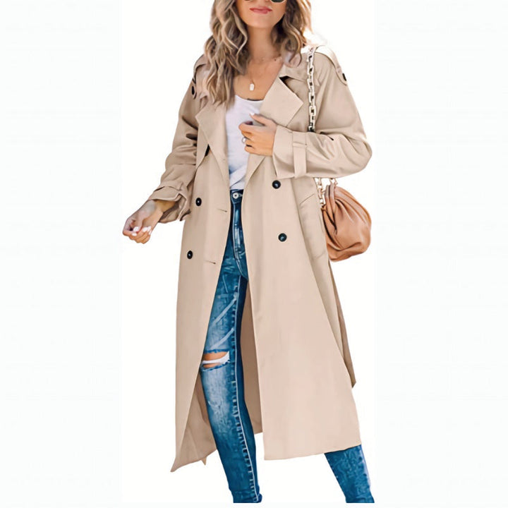Trench long croisé à ceinture, coloris kaki, vu de face