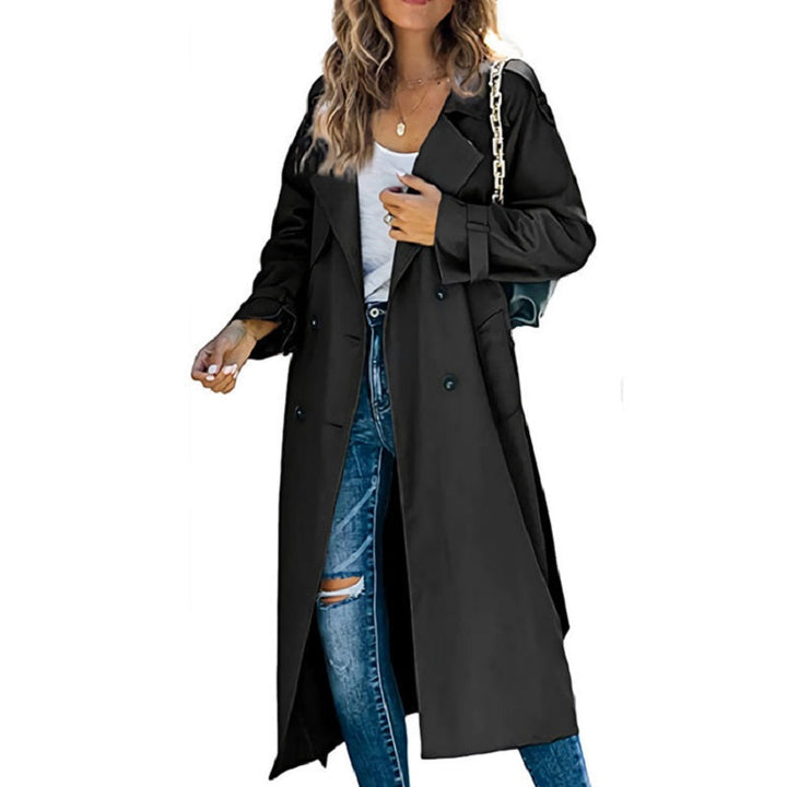Trench long croisé à ceinture, coloris noir, vu de face