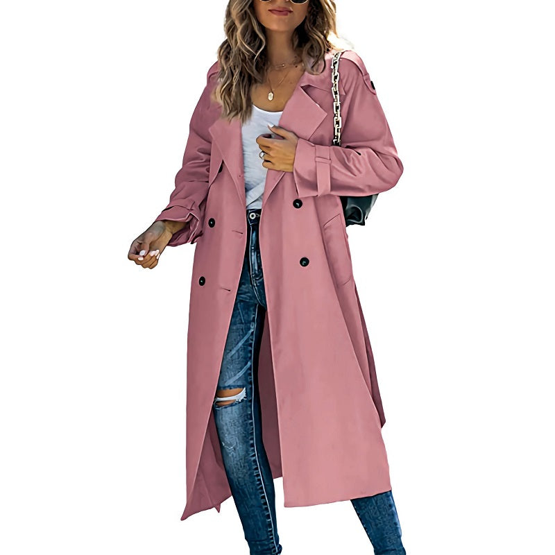 Trench long croisé à ceinture, coloris rose, vu de face