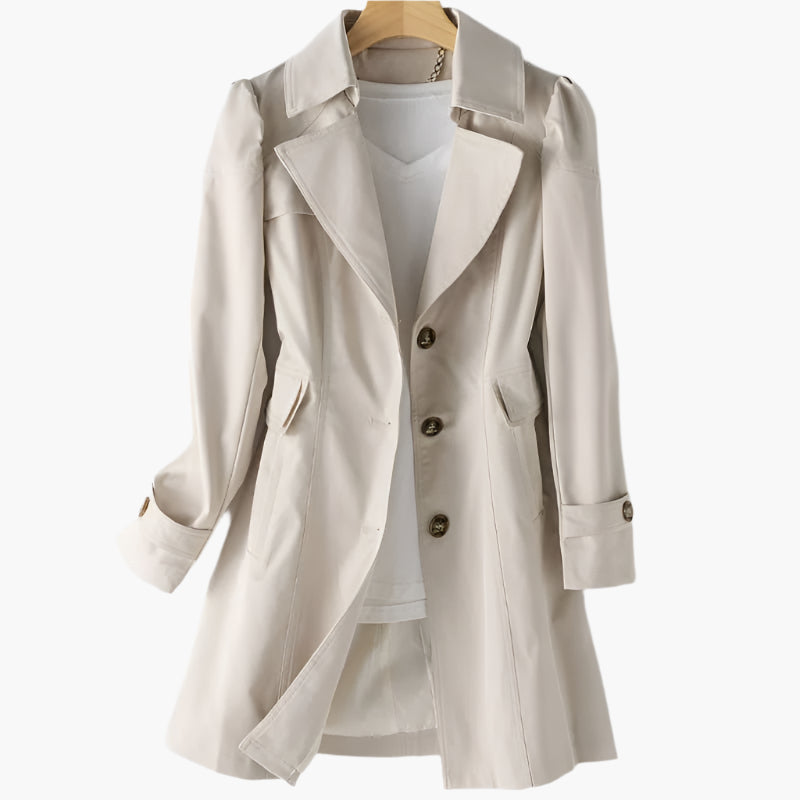 Trench mi-long, coloris beige, présenté sur cintre