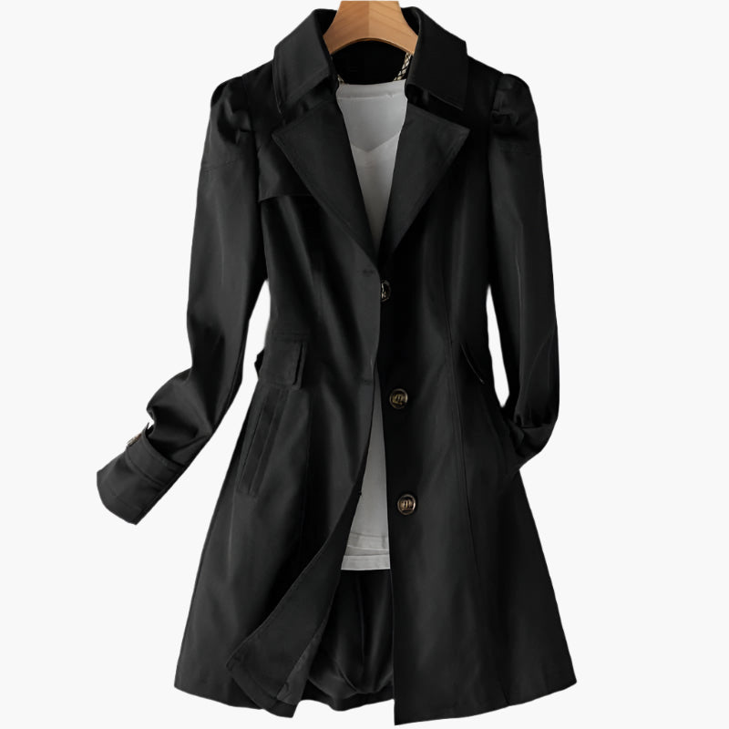 Trench mi-long, coloris noir, présenté sur cintre