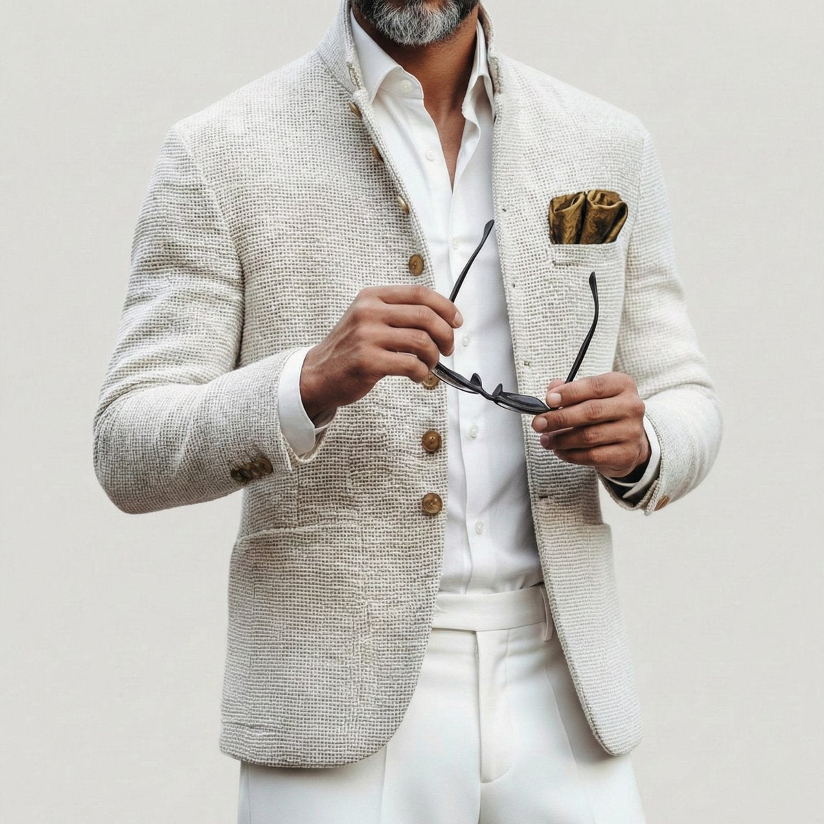 Veste cintrée blanc cassé portée avec une chemise et un pantalon blancs